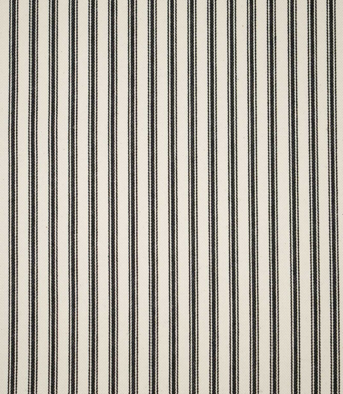 Full view of JF Ticking Black striped fabric showing evenly spaced black ticking stripes across a cream herringbone woven ground.
