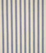 JF Ticking Blue fabric featuring classic vertical blue ticking stripes on a warm cream background with a subtle herringbone woven texture.