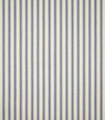 Full view of JF Ticking Blue striped fabric showing evenly spaced blue ticking stripes across a cream herringbone woven ground.
