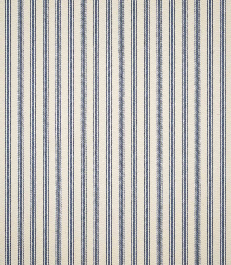 Full view of JF Ticking Blue striped fabric showing evenly spaced blue ticking stripes across a cream herringbone woven ground.