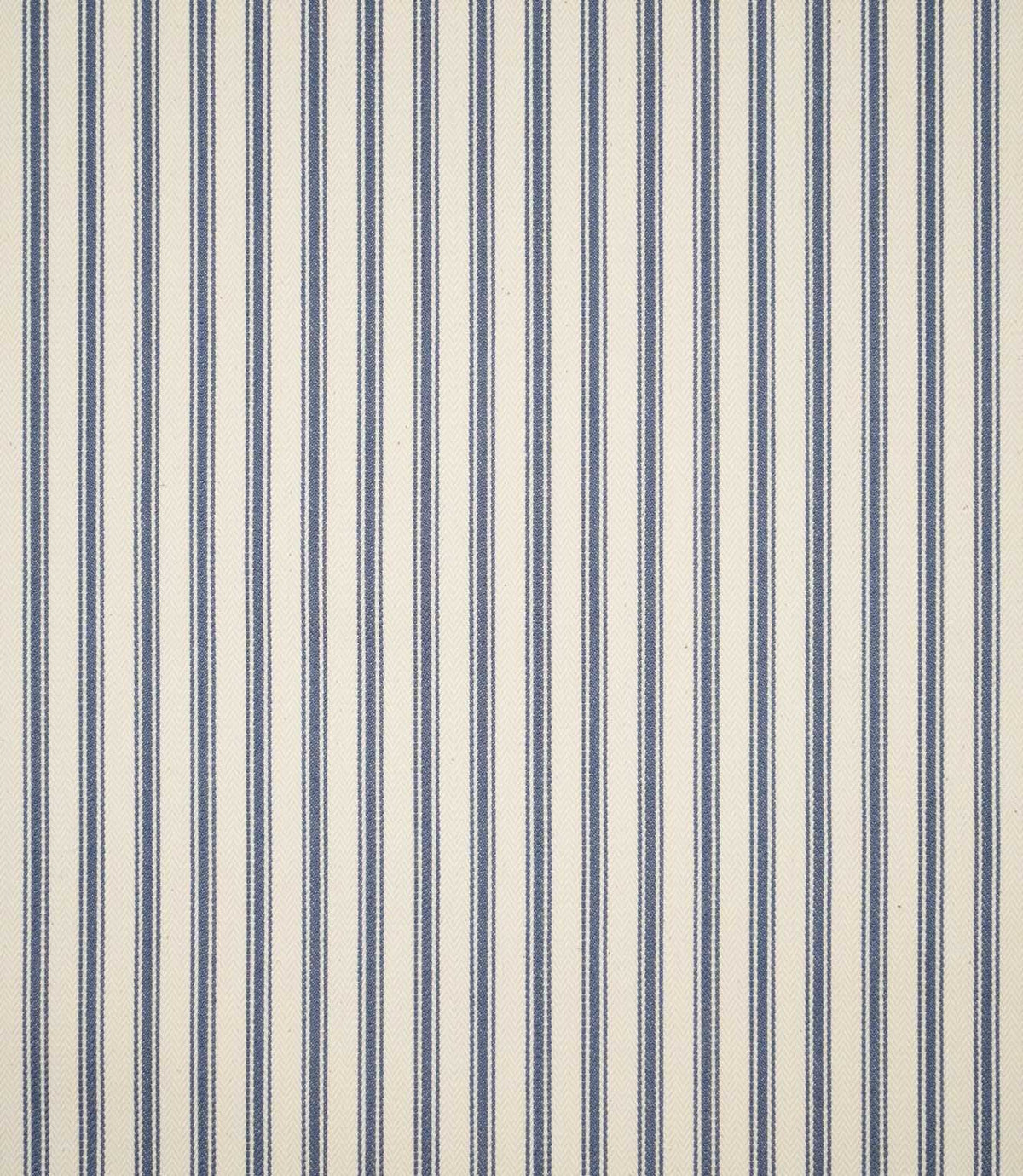 Full view of JF Ticking Blue striped fabric showing evenly spaced blue ticking stripes across a cream herringbone woven ground.