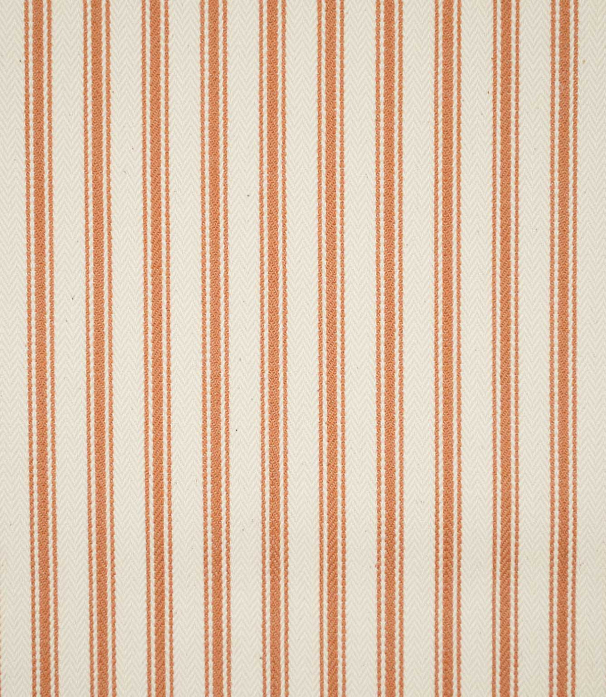 JF Ticking Burnt Orange fabric featuring classic vertical burnt orange ticking stripes on a warm cream background with a subtle herringbone texture.
