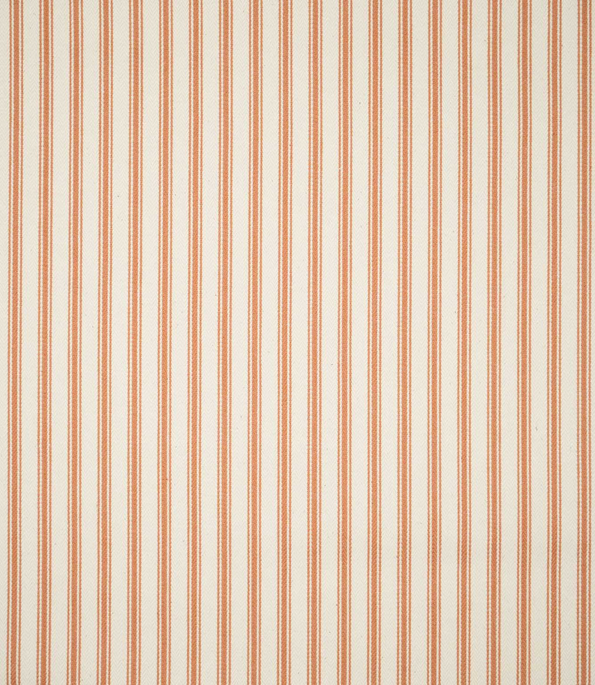 Full view of JF Ticking Burnt Orange striped fabric showing evenly spaced burnt orange ticking stripes across a cream herringbone woven ground.