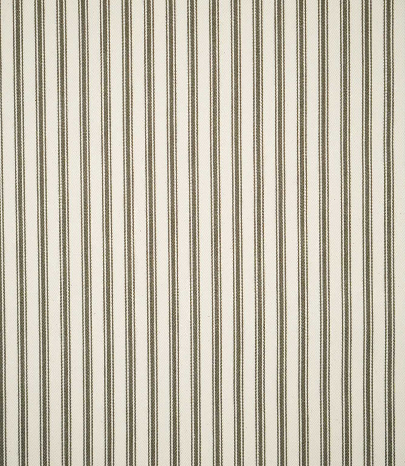 JF Ticking Forest striped fabric in warm ivory with fine forest green vertical stripes and a subtle woven herringbone texture.