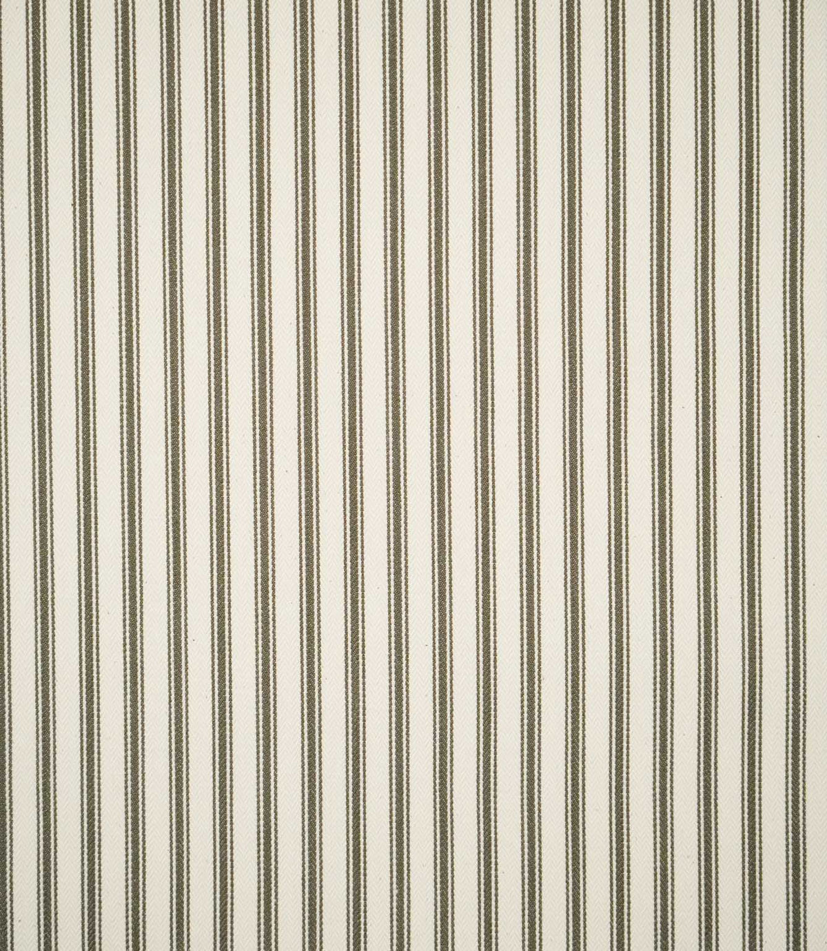 JF Ticking Forest striped fabric in warm ivory with fine forest green vertical stripes and a subtle woven herringbone texture.