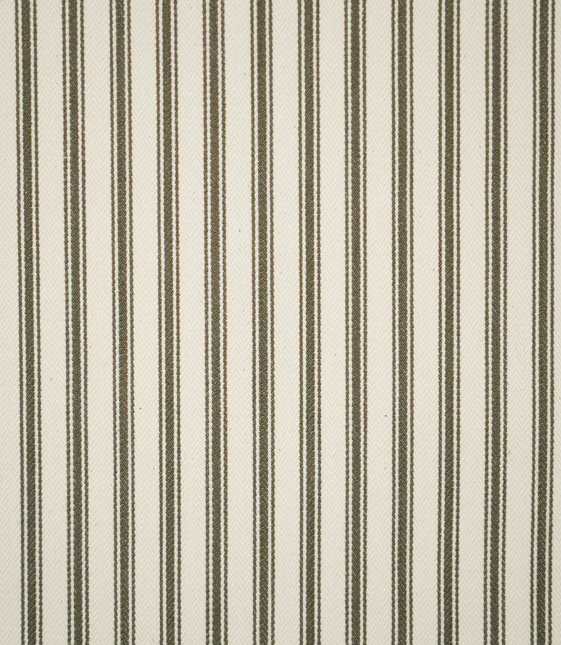 Close-up of JF Ticking Forest fabric, showing evenly spaced forest green ticking stripes against a textured ivory woven background.