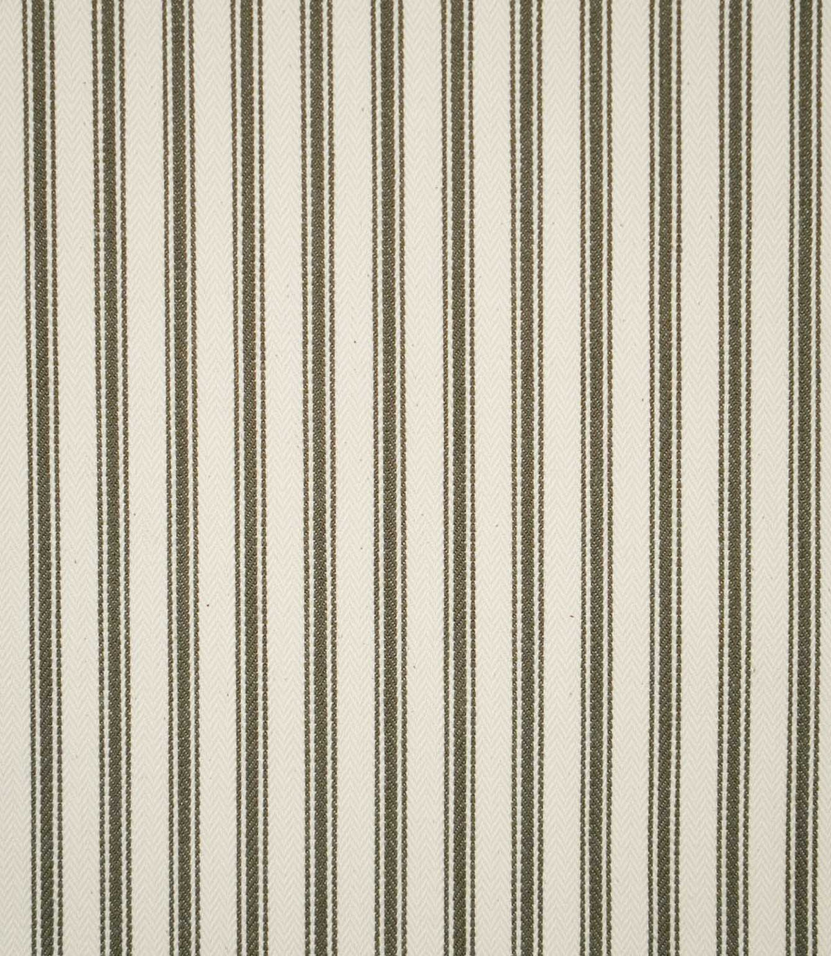 Close-up of JF Ticking Forest fabric, showing evenly spaced forest green ticking stripes against a textured ivory woven background.