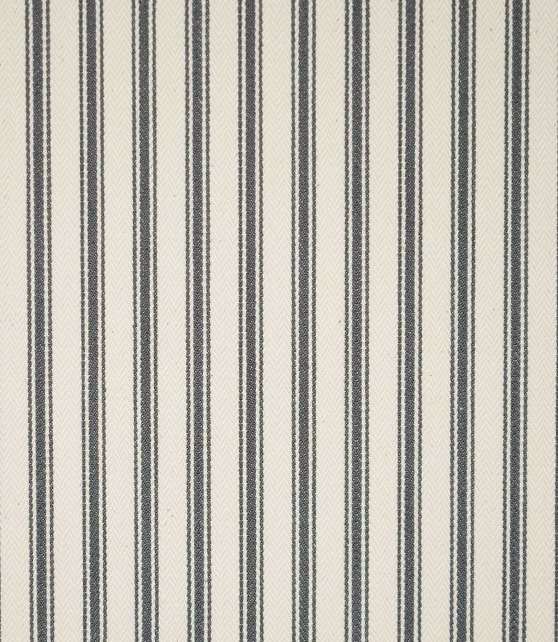 JF Ticking Grey fabric featuring classic vertical charcoal grey ticking stripes on a warm cream background with a subtle herringbone texture.