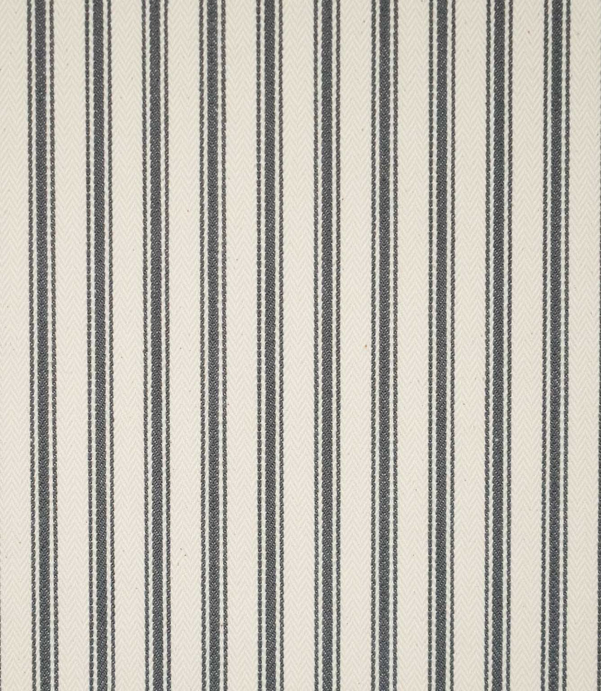 JF Ticking Grey fabric featuring classic vertical charcoal grey ticking stripes on a warm cream background with a subtle herringbone texture.