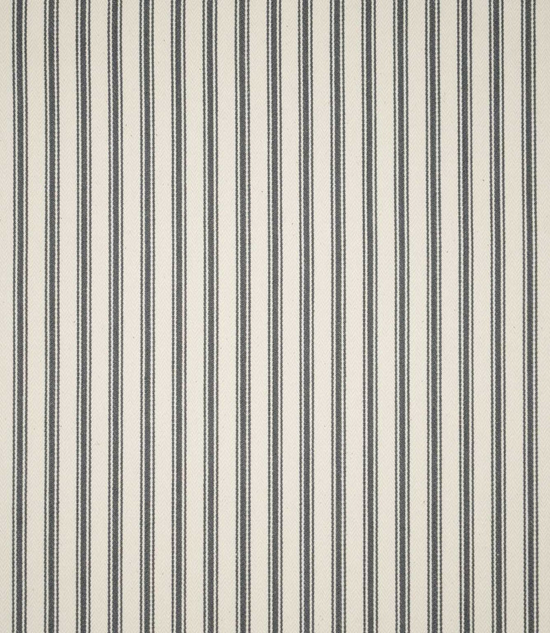 Full view of JF Ticking Grey striped fabric showing evenly spaced charcoal grey ticking stripes across a textured cream woven ground.