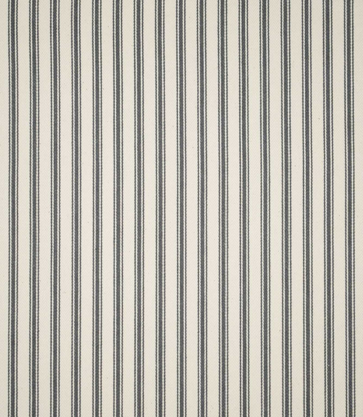 Full view of JF Ticking Grey striped fabric showing evenly spaced charcoal grey ticking stripes across a textured cream woven ground.