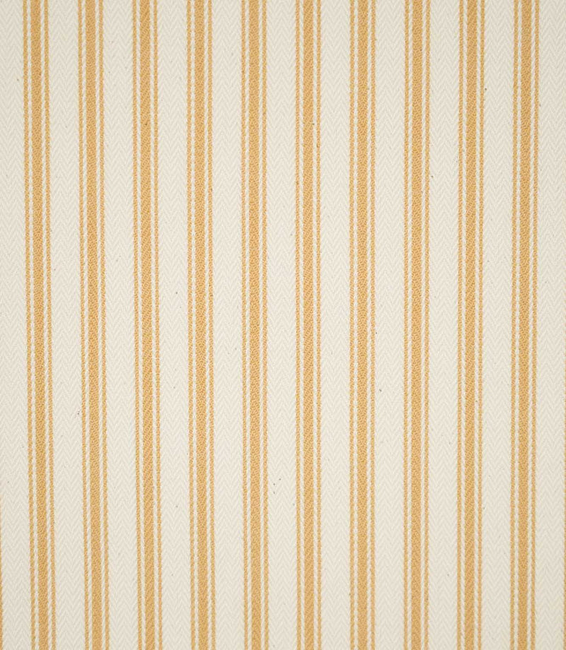 JF Ticking Ochre fabric featuring warm ochre ticking stripes on a cream background with a subtle woven herringbone texture.