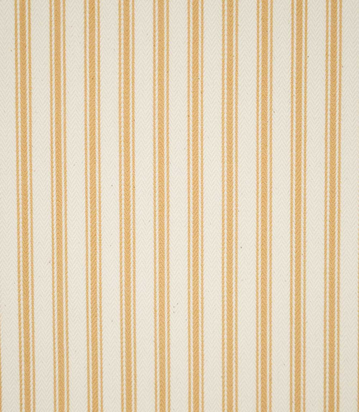 JF Ticking Ochre fabric featuring warm ochre ticking stripes on a cream background with a subtle woven herringbone texture.