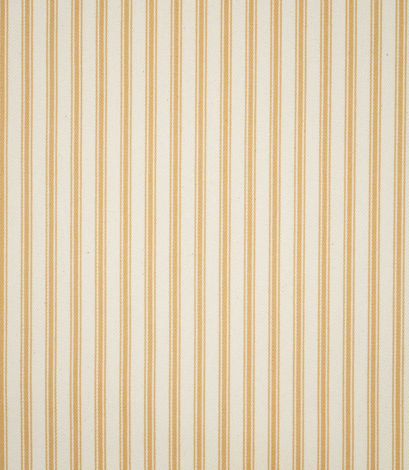 Full view of JF Ticking Ochre striped fabric showing evenly spaced ochre double ticking stripes across a textured cream herringbone ground.