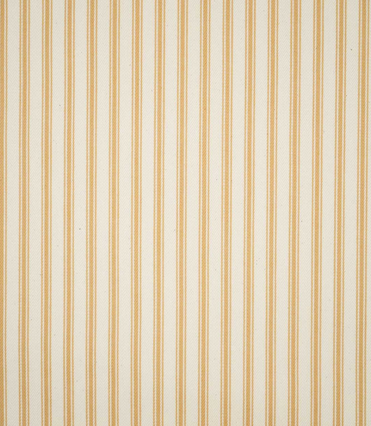 Full view of JF Ticking Ochre striped fabric showing evenly spaced ochre double ticking stripes across a textured cream herringbone ground.