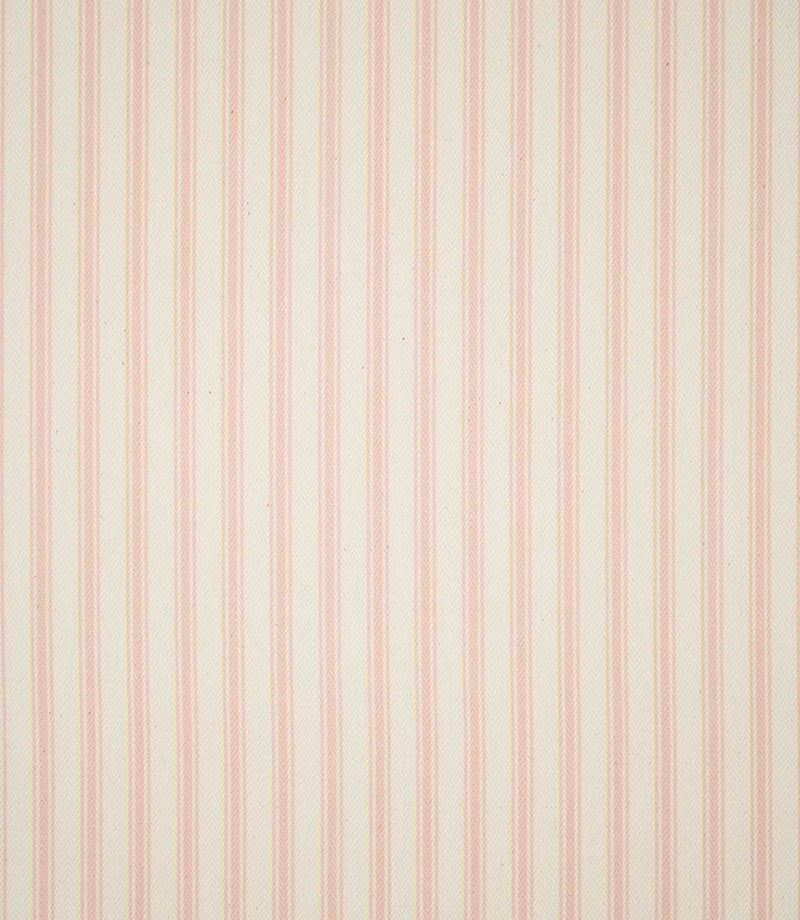 Full view of JF Ticking Pink fabric showing the repeating vertical blush pink ticking stripe design across a warm cream textured background.