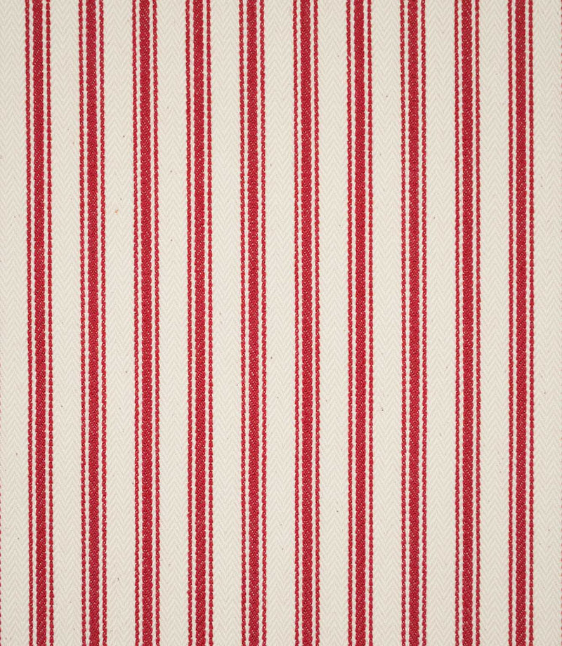 JF Ticking Red fabric featuring bold red ticking stripes on a warm cream background with a subtle woven herringbone texture.