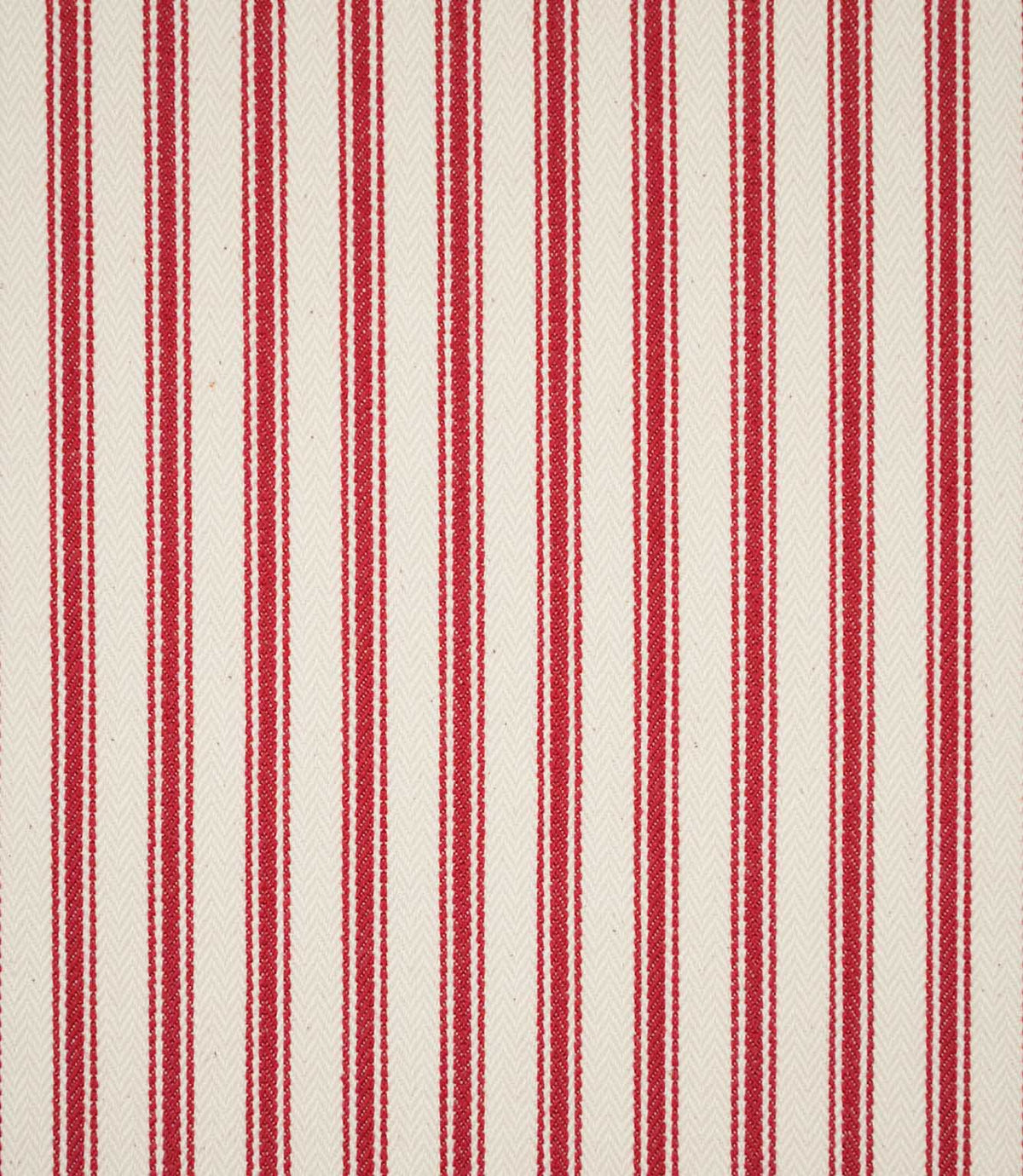 JF Ticking Red fabric featuring bold red ticking stripes on a warm cream background with a subtle woven herringbone texture.
