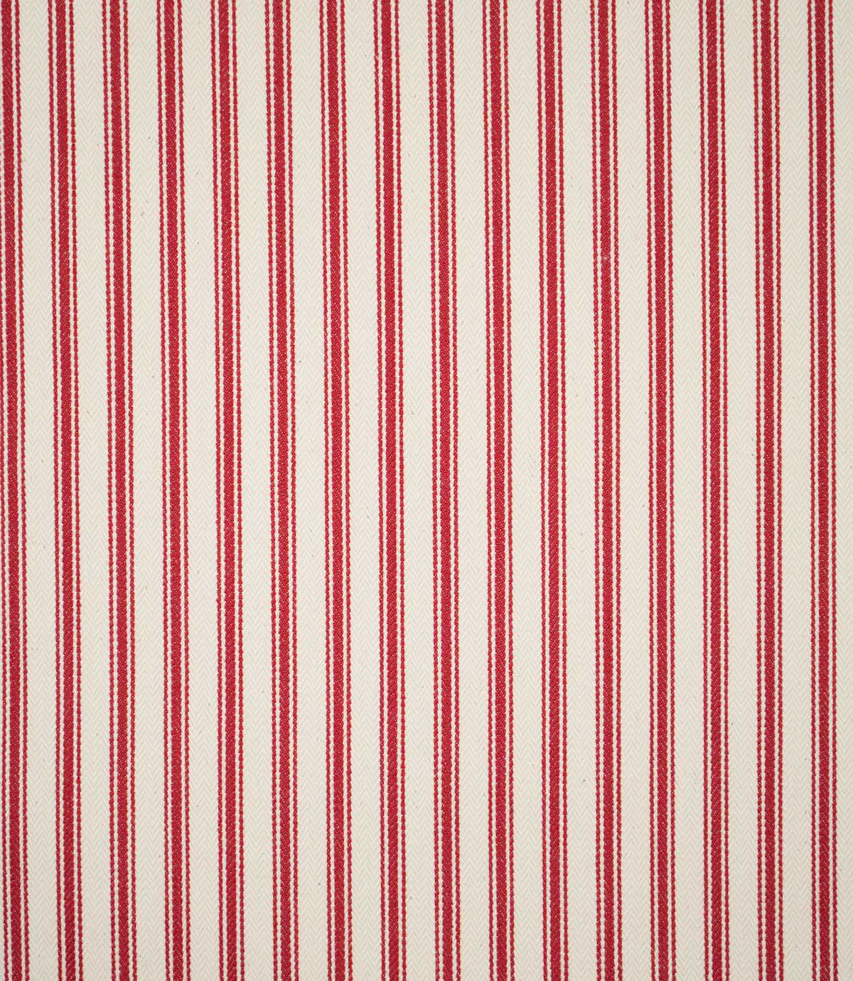 Full view of JF Ticking Red striped fabric showing the repeating vertical red ticking stripe pattern across a textured cream woven ground.