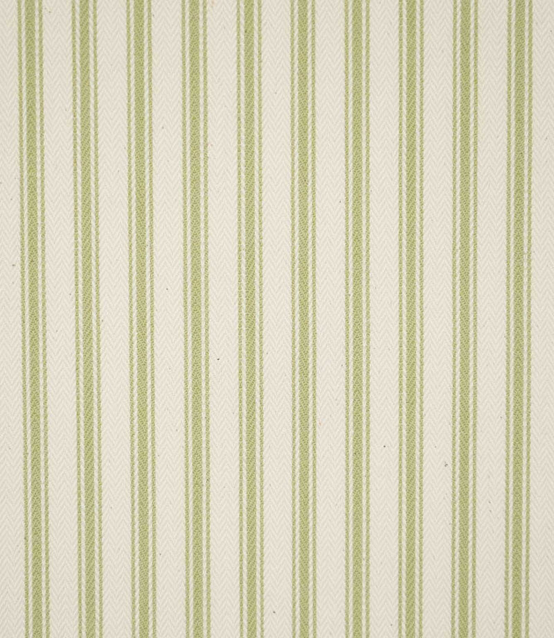 JF Ticking Sage Green fabric featuring classic sage green ticking stripes on a warm cream background with a subtle woven herringbone texture.