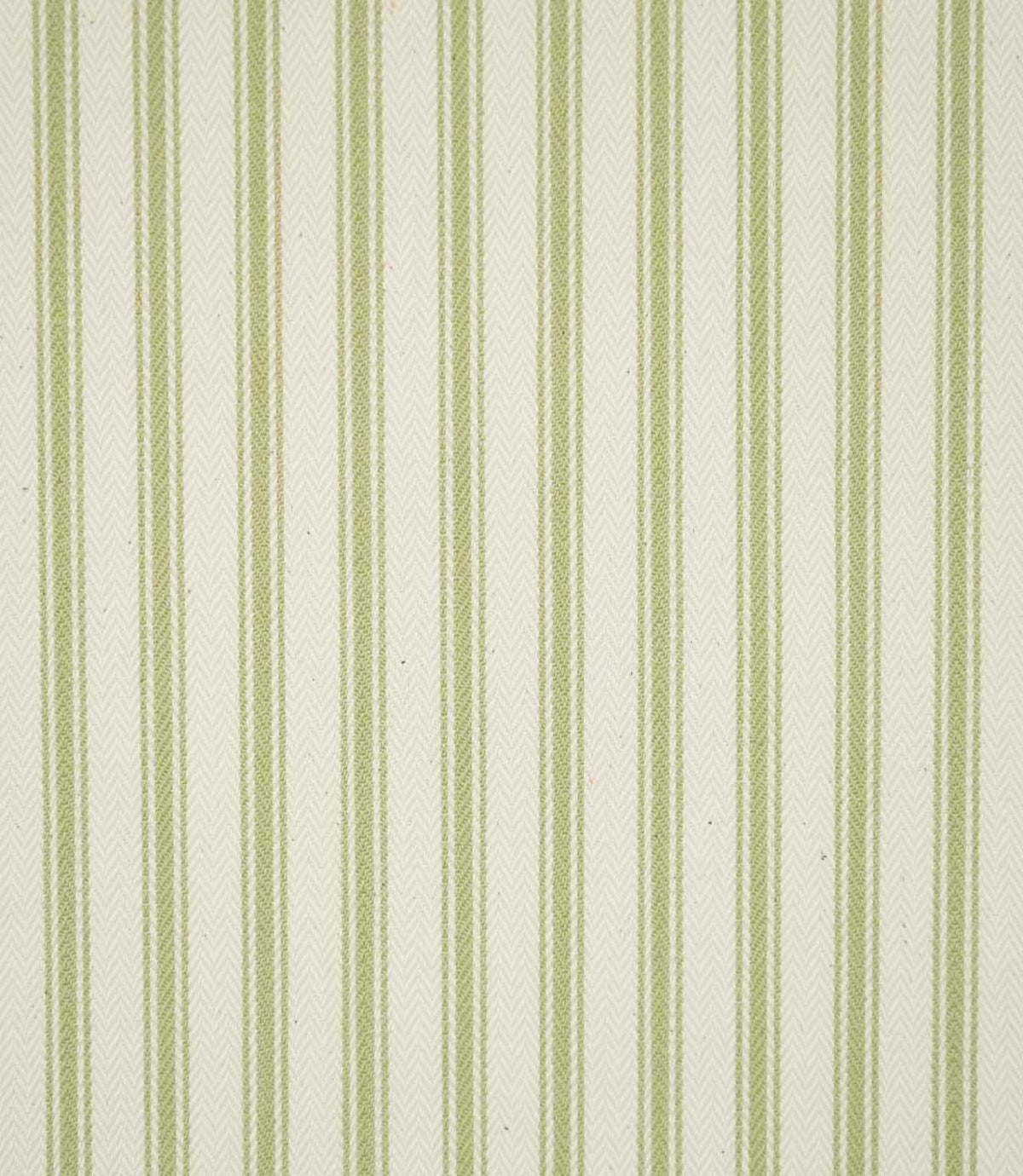 JF Ticking Sage Green fabric featuring classic sage green ticking stripes on a warm cream background with a subtle woven herringbone texture.