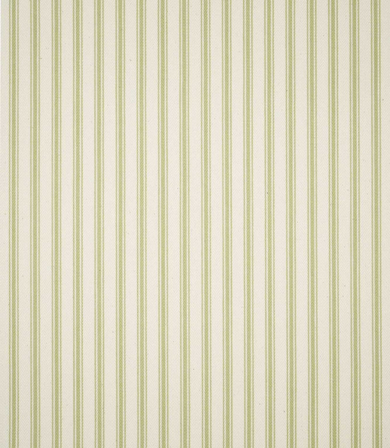 Full view of JF Ticking Sage Green striped fabric showing the repeating vertical sage green ticking stripe pattern across a textured cream woven ground.