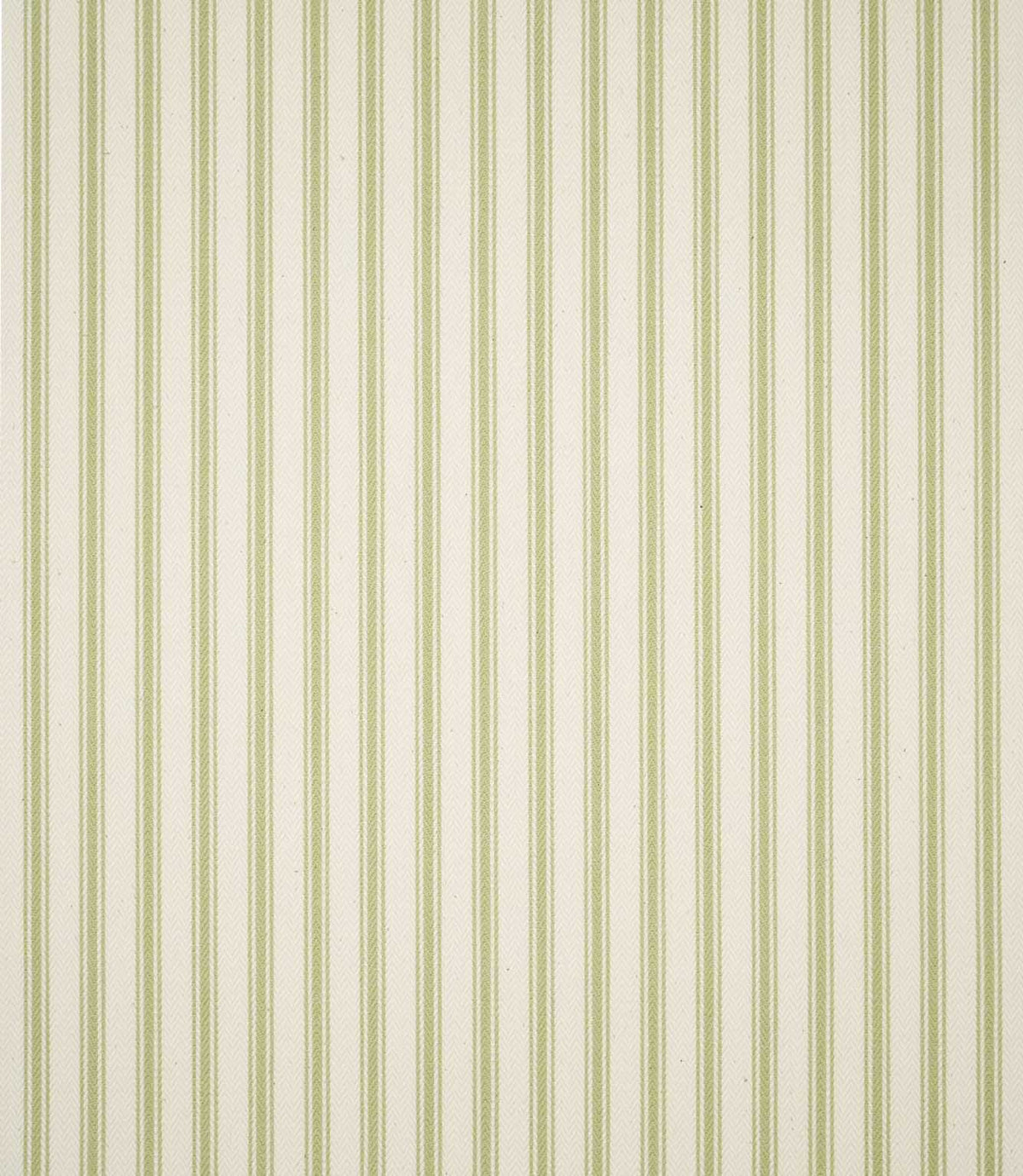 Full view of JF Ticking Sage Green striped fabric showing the repeating vertical sage green ticking stripe pattern across a textured cream woven ground.