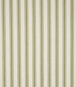 JF Ticking Sap Green fabric featuring classic olive sap green ticking stripes on a warm cream background with a subtle woven herringbone texture.