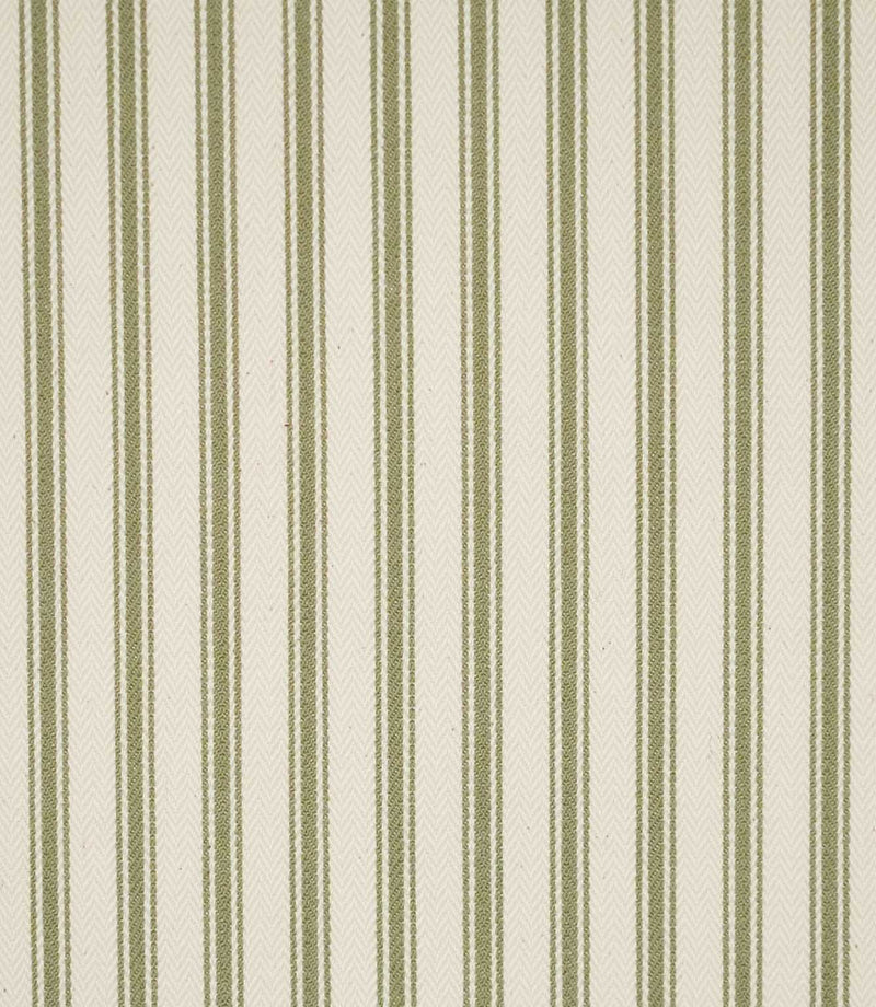 JF Ticking Sap Green fabric featuring classic olive sap green ticking stripes on a warm cream background with a subtle woven herringbone texture.