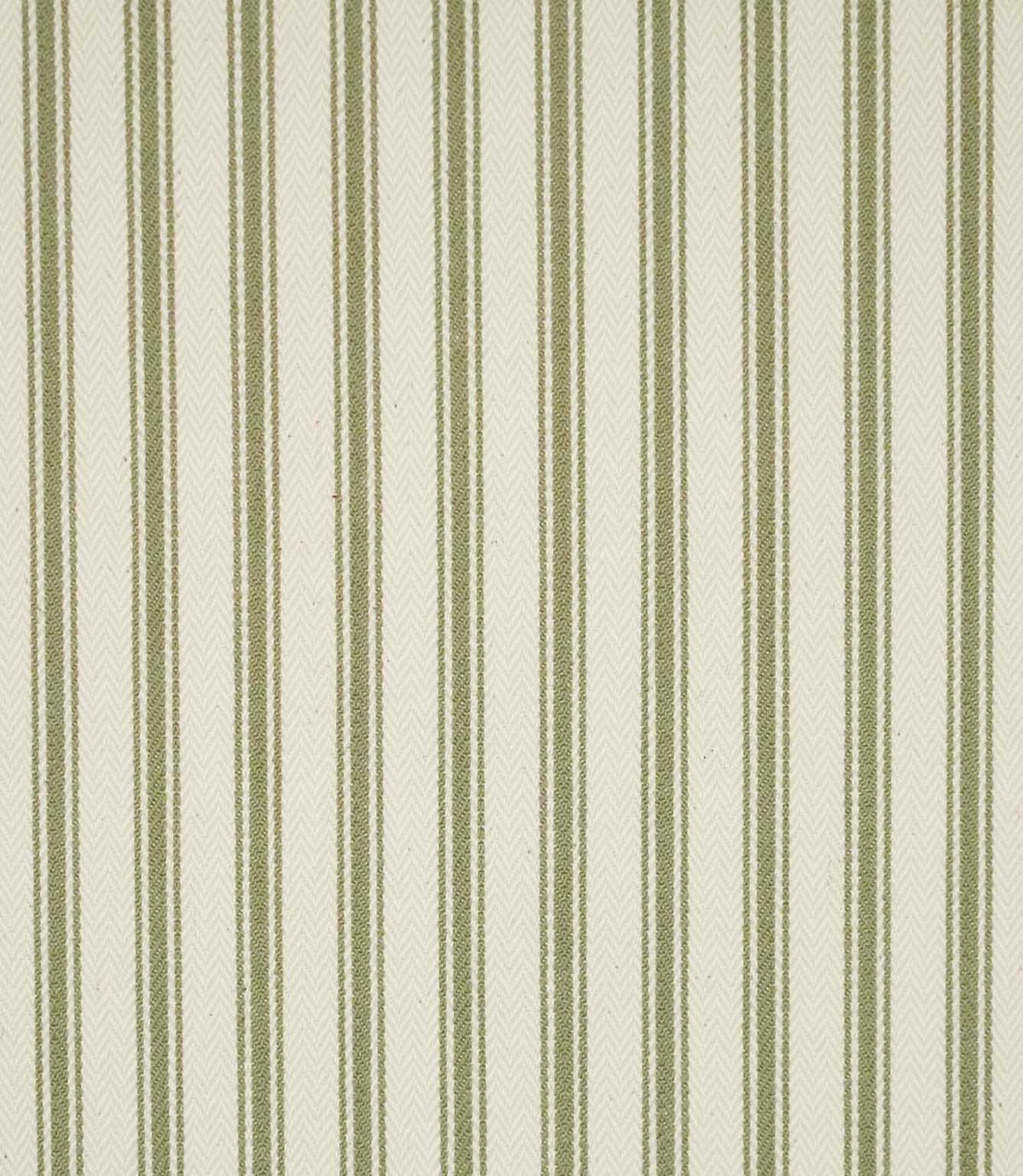 JF Ticking Sap Green fabric featuring classic olive sap green ticking stripes on a warm cream background with a subtle woven herringbone texture.