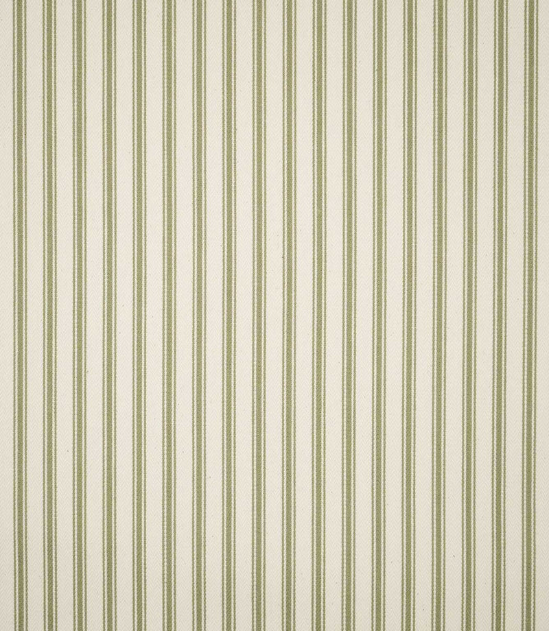 Full view of JF Ticking Sap Green striped fabric showing the repeating vertical olive green ticking stripe pattern across a textured cream ground.