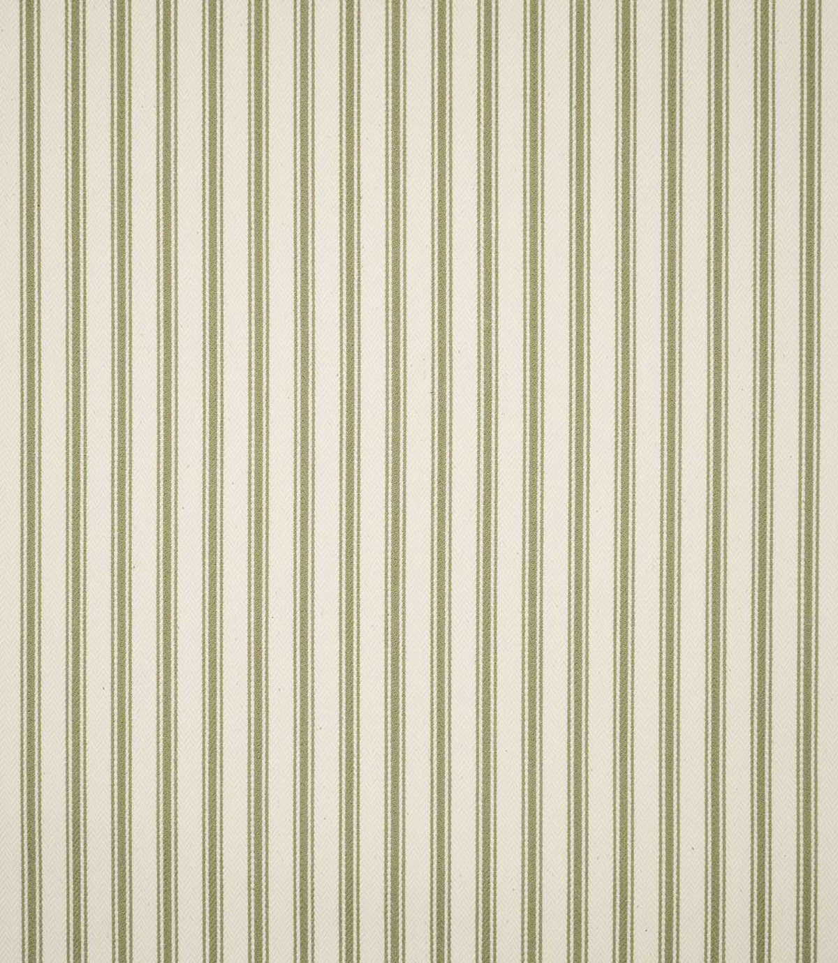 Full view of JF Ticking Sap Green striped fabric showing the repeating vertical olive green ticking stripe pattern across a textured cream ground.