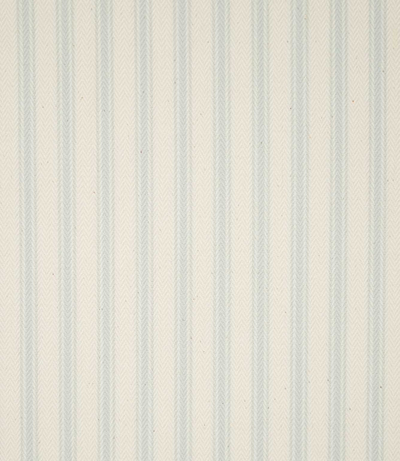 JF Ticking Seaspray fabric featuring soft pale blue ticking stripes on a warm cream background with a subtle woven herringbone texture.