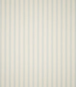 Full view of JF Ticking Seaspray striped fabric showing repeating pale blue ticking stripes across a textured cream herringbone ground.