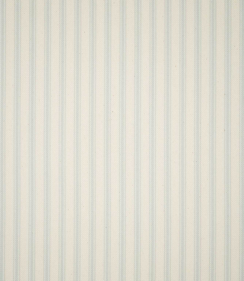 Full view of JF Ticking Seaspray striped fabric showing repeating pale blue ticking stripes across a textured cream herringbone ground.