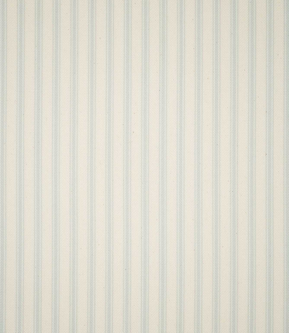 Full view of JF Ticking Seaspray striped fabric showing repeating pale blue ticking stripes across a textured cream herringbone ground.