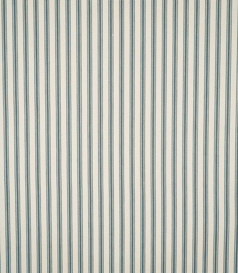 Full view of JF Ticking Teal striped fabric showing evenly spaced teal double ticking stripes across a textured cream herringbone ground.