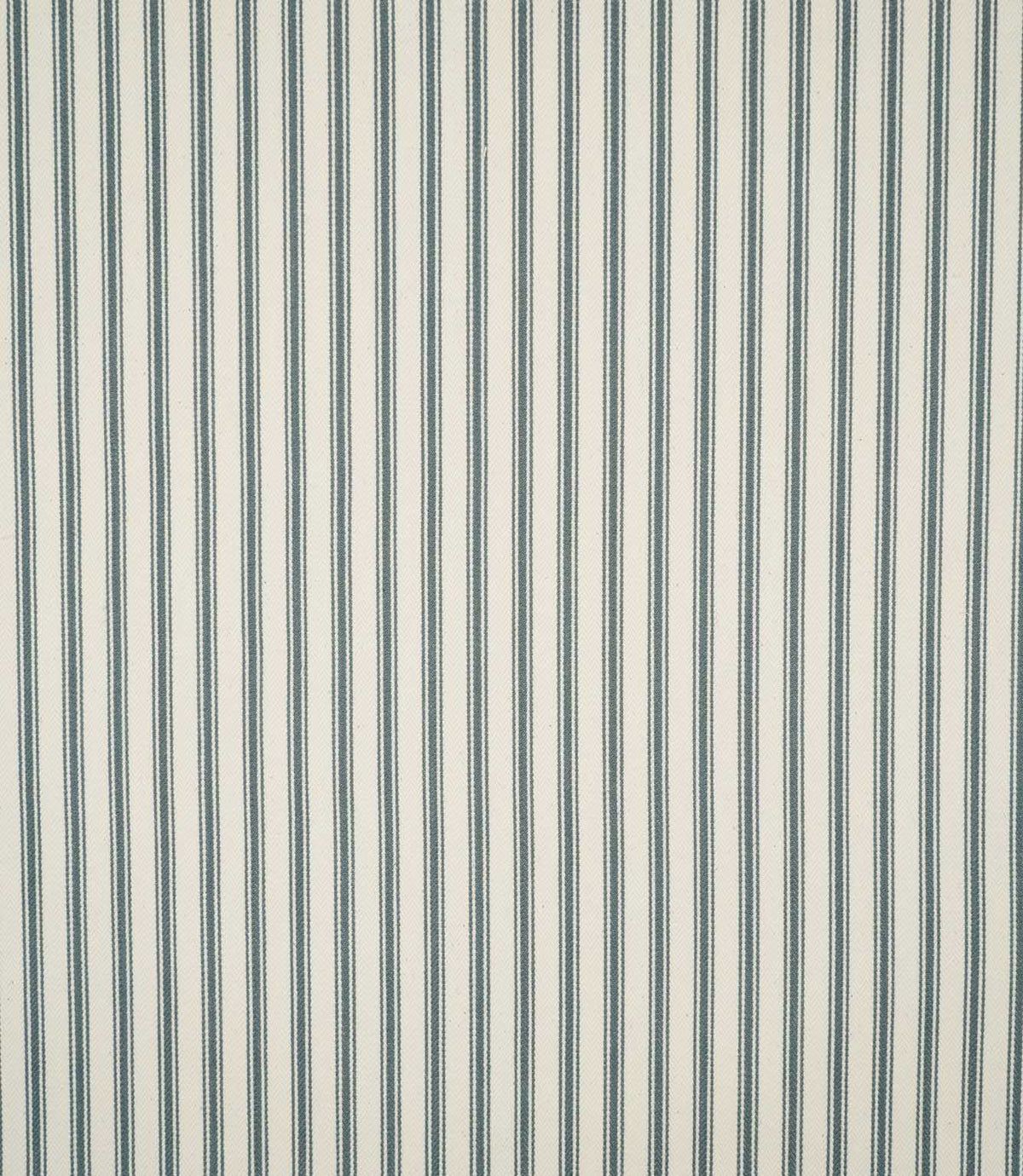 Full view of JF Ticking Teal striped fabric showing evenly spaced teal double ticking stripes across a textured cream herringbone ground.