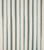 JF Ticking Teal fabric featuring repeating teal ticking stripes on a warm cream background with a subtle woven herringbone texture.