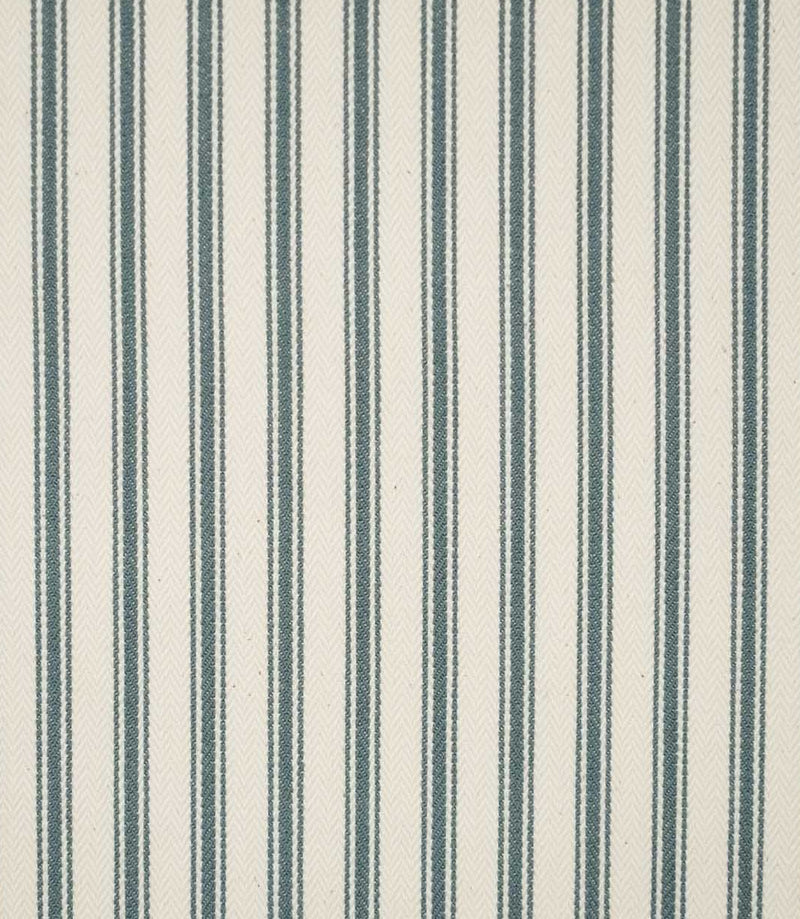 JF Ticking Teal fabric featuring repeating teal ticking stripes on a warm cream background with a subtle woven herringbone texture.