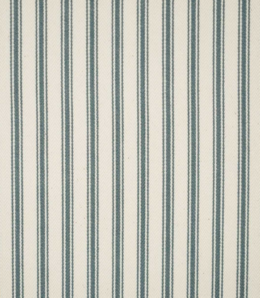 JF Ticking Teal fabric featuring repeating teal ticking stripes on a warm cream background with a subtle woven herringbone texture.