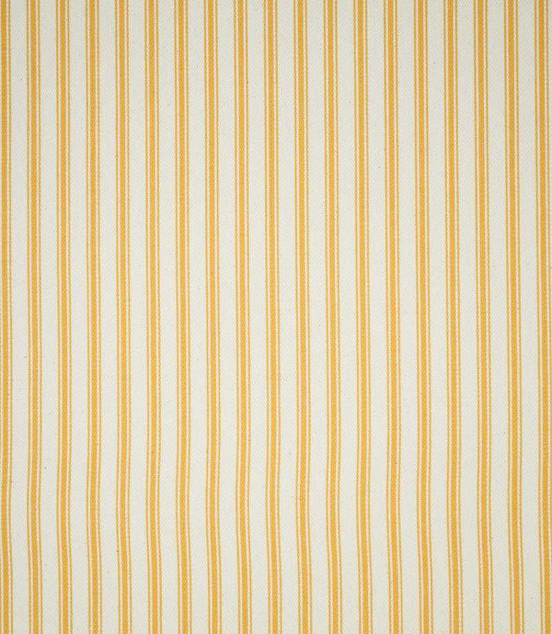 JF Ticking Turmeric striped fabric displaying an evenly spaced vertical ticking stripe pattern in golden turmeric yellow and cream, with alternating fine and wider stripes.