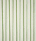 Close-up of JF Ticking Warm Green fabric featuring repeating sage green vertical ticking stripes on a warm cream background, with a subtle herringbone weave adding texture.