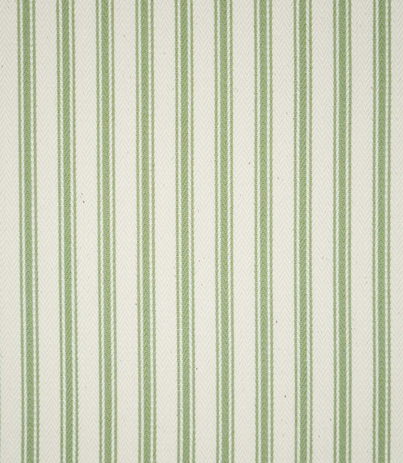 Close-up of JF Ticking Warm Green fabric featuring repeating sage green vertical ticking stripes on a warm cream background, with a subtle herringbone weave adding texture.