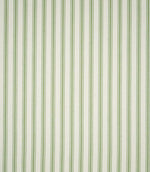 JF Ticking Warm Green striped fabric displaying an evenly spaced vertical ticking stripe design in soft sage green and natural cream, with alternating fine and wider stripes.