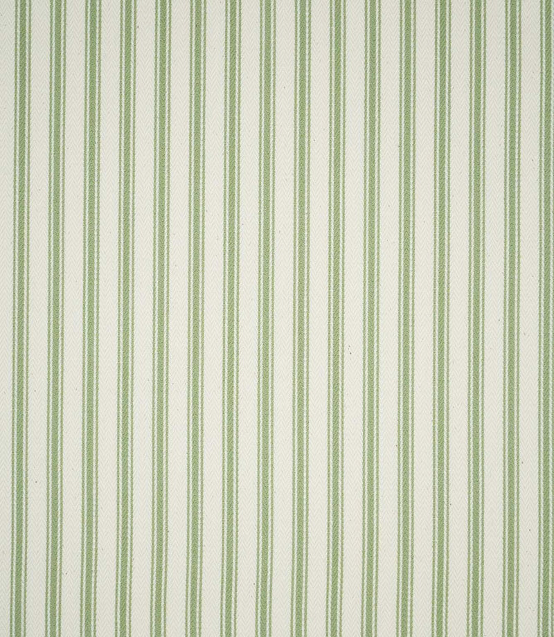 JF Ticking Warm Green striped fabric displaying an evenly spaced vertical ticking stripe design in soft sage green and natural cream, with alternating fine and wider stripes.
