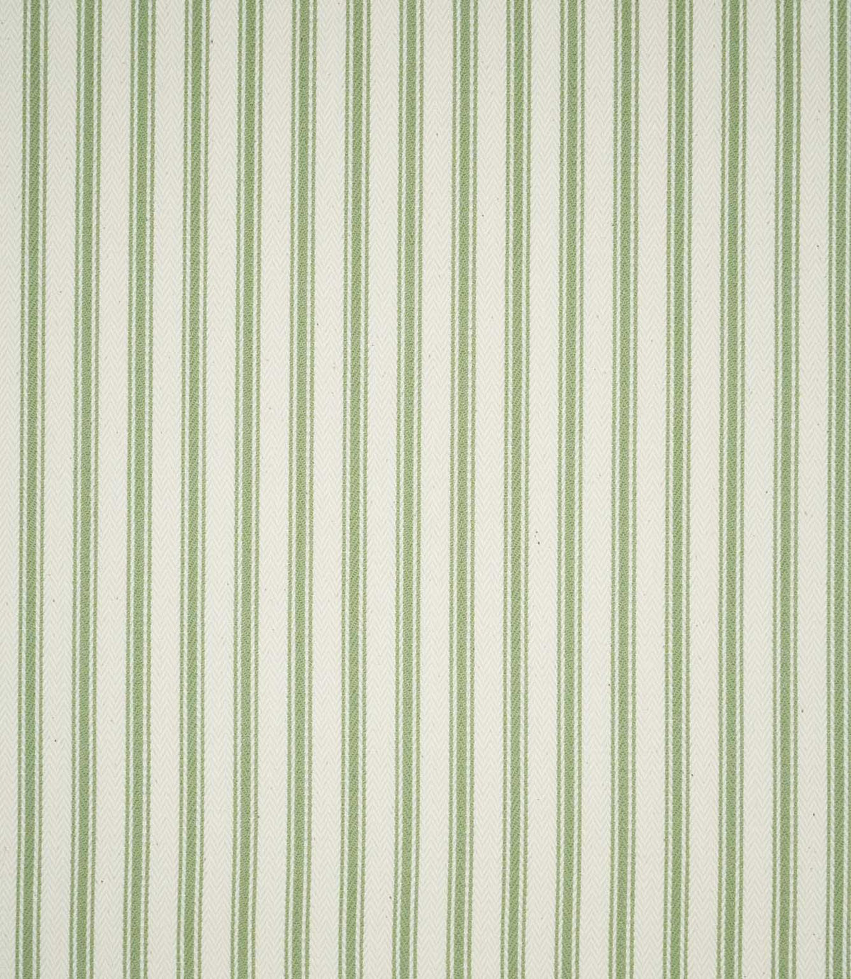 JF Ticking Warm Green striped fabric displaying an evenly spaced vertical ticking stripe design in soft sage green and natural cream, with alternating fine and wider stripes.
