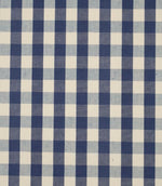 Close-up of blue and ivory small gingham check fabric showing the woven texture and timeless checked design.