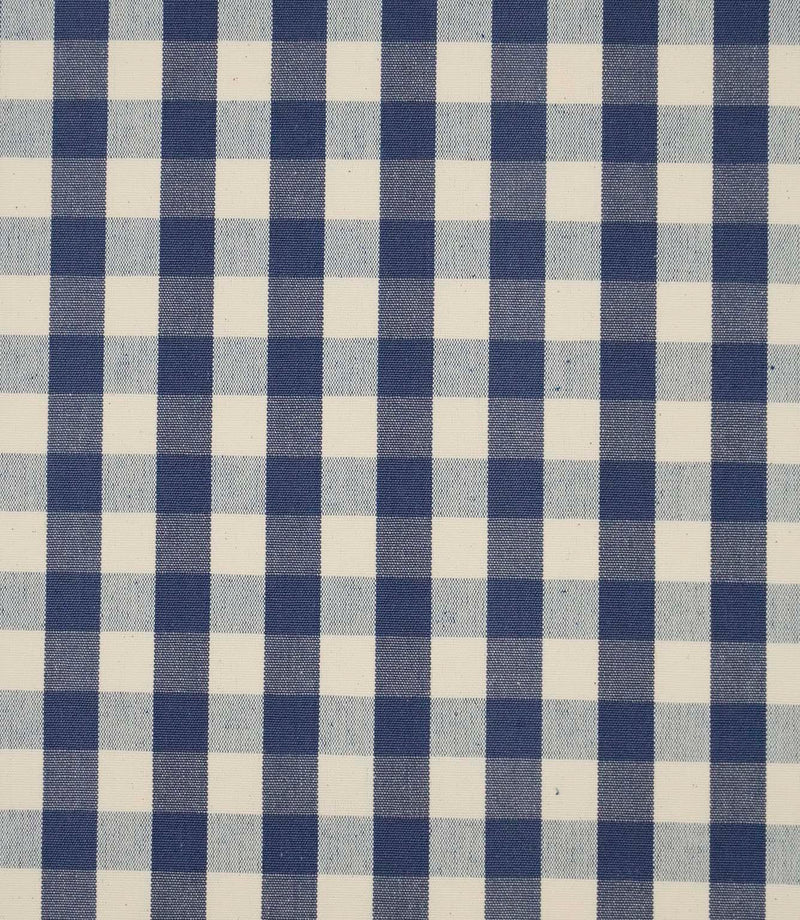 Close-up of blue and ivory small gingham check fabric showing the woven texture and timeless checked design.