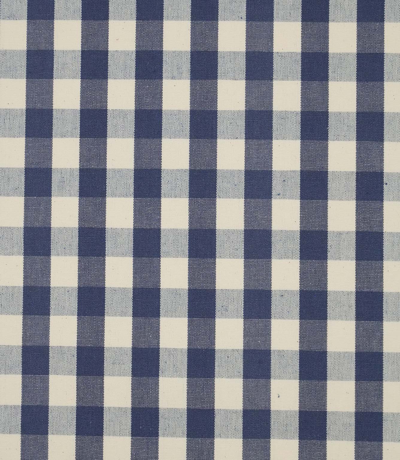 Close-up of blue and ivory small gingham check fabric showing the woven texture and timeless checked design.